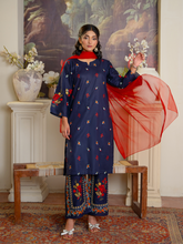 Embroidered Navy 3-Piece Suit with Red Detail Kahani 47